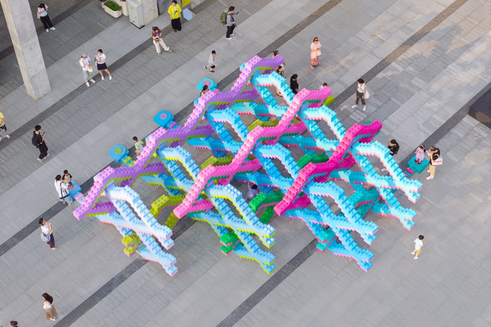 Aerial view of the woven plan of Woven Playground on the plaza at West Bund Dream Center in Shanghai