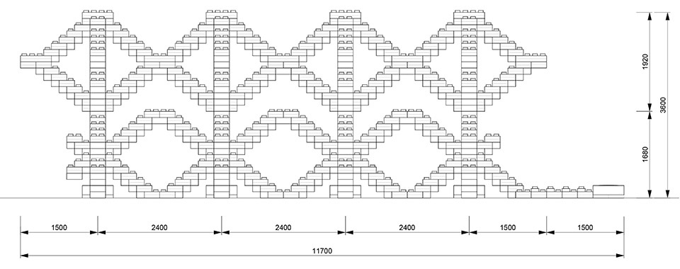 Dimensioned elevation drawing of Woven Playground showing its length and height